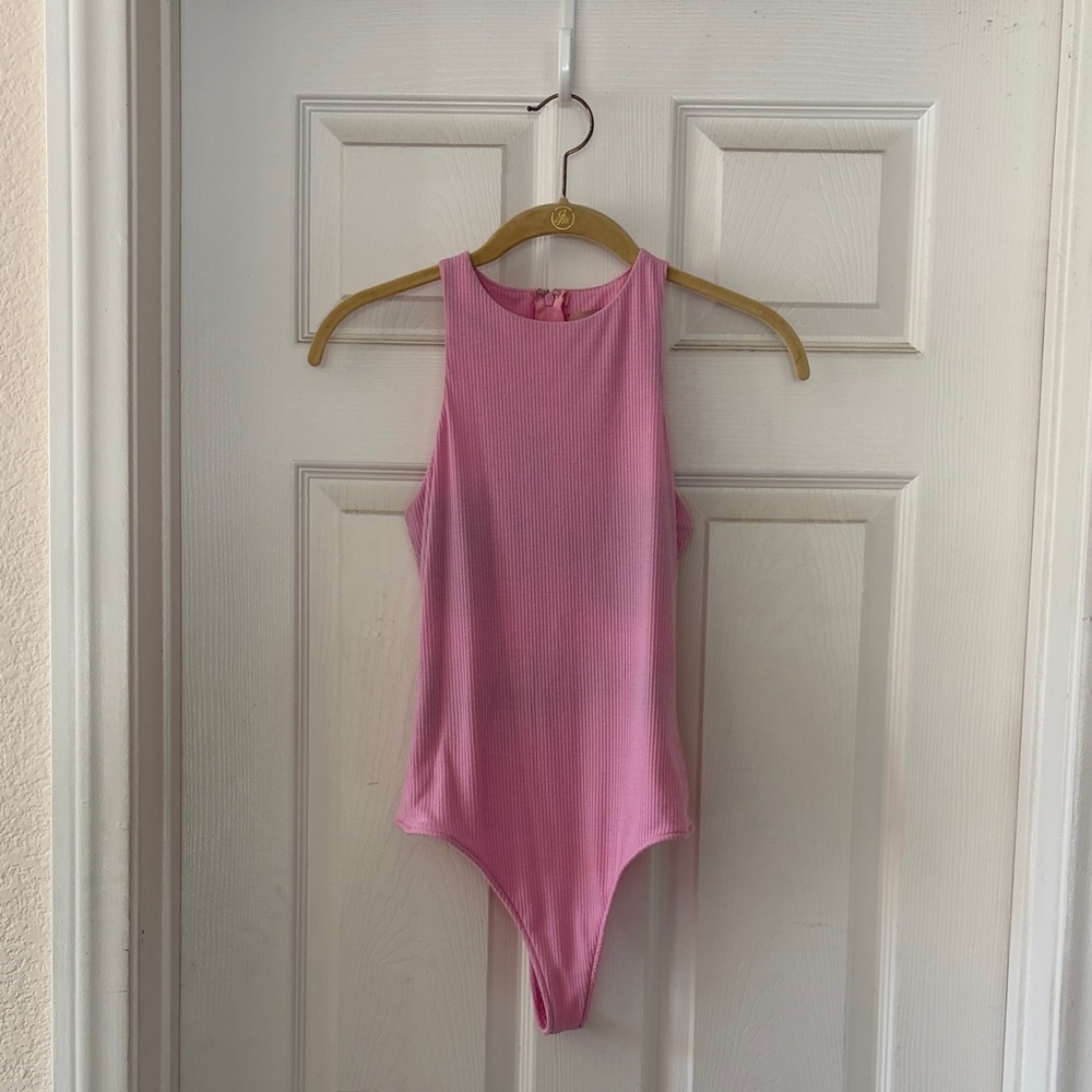 Show Me Your MuMu Pink Ribbed High-Neck Bodysuit